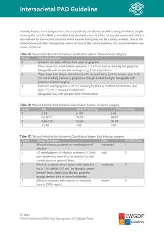 © 2023
The InternationalWorking Group on the Diabetic Foot
Intersocietal PAD Guideline
IWGDF
Guidelines
relatively limited, and it is expected to be acceptable to practitioners as well as being of value to people
receiving the care. It is likely to stimulate a standardised access to a form of vascular assessment, which is
also relevant for low-income countries where invasive testing may not be a widely available. Due to the
observational and often retrospective nature of most of the current evidence, this recommendation was
made conditional.
Table 1A: Wound Infection foot Ischaemia Classification System: Wound clinical category
Grade Clinical Description
0 Ischaemic rest pain; without frank ulcer or gangrene
1 Minor tissue loss: small shallow ulceration < 5 cm2 on foot or distal leg No gangrene.
Salvageable with simple skin coverage or < 2 toe amputations
2 Major tissue loss: deeper ulceration(s) with exposed bone, joint or tendon, ulcer 5-10
cm2 not involving calcaneus; gangrenous changes limited to digits. Salvageable with
extensive forefoot surgery
3 Extensive ulcer/gangrene > 10 cm2 involving forefoot or midfoot; full thickness heel
ulcer > 5 cm2 + calcaneal involvement.
Salvageable only with complex foot reconstruction
Table 1B: Wound Infection foot Ischaemia Classification System: Ischaemia category
Grade ABI Ankle SP (mmHg) TP, TcPO2 (mmHg)
0 ≥ 0.8 ≥ 100 ≥ 60
1 0.6-0.79 70-99 40-59
2 0.40-0.59 50-69 30-39
3 <0.40 <50 <30
Table 1C: Wound Infection foot Ischaemia Classification System: foot Infection category
Grade Clinical Description IDSA IWGDF Class
0 Wound without purulence or manifestations of
infection
uninfected 1
1 >2 manifestations of infection, erythema (< 2cm),
pain, tenderness, warmth or induration) no local
complications or systemic illness
mild 2
2 Infection in patient who is systemically stable but
has ≥ 1 of; cellulitis (>2 cm), lymphangitis, spread
beneath fascia, deep tissue abscess, gangrene,
muscle, tendon, joint or bone involvement
moderate 3
3 Infection in patient with systemic or metabolic
toxicity (SIRS/ sepsis)
severe 4
 