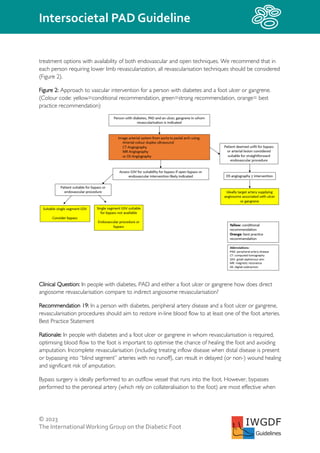 © 2023
The InternationalWorking Group on the Diabetic Foot
Intersocietal PAD Guideline
IWGDF
Guidelines
treatment options with availability of both endovascular and open techniques. We recommend that in
each person requiring lower limb revascularization, all revascularisation techniques should be considered
(Figure 2).
Figure 2: Approach to vascular intervention for a person with diabetes and a foot ulcer or gangrene.
(Colour code: yellow=conditional recommendation, green=strong recommendation, orange= best
practice recommendation)
Clinical Question: In people with diabetes, PAD and either a foot ulcer or gangrene how does direct
angiosome revascularisation compare to indirect angiosome revascularisation?
Recommendation 19: In a person with diabetes, peripheral artery disease and a foot ulcer or gangrene,
revascularisation procedures should aim to restore in-line blood flow to at least one of the foot arteries.
Best Practice Statement
Rationale: In people with diabetes and a foot ulcer or gangrene in whom revascularisation is required,
optimising blood flow to the foot is important to optimise the chance of healing the foot and avoiding
amputation. Incomplete revascularisation (including treating inflow disease when distal disease is present
or bypassing into “blind segment” arteries with no runoff), can result in delayed (or non-) wound healing
and significant risk of amputation.
Bypass surgery is ideally performed to an outflow vessel that runs into the foot. However, bypasses
performed to the peroneal artery (which rely on collateralisation to the foot) are most effective when
 