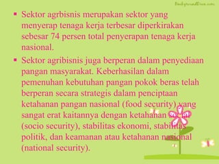  Sektor agrbisnis merupakan sektor yang
menyerap tenaga kerja terbesar diperkirakan
sebesar 74 persen total penyerapan tenaga kerja
nasional.
 Sektor agribisnis juga berperan dalam penyediaan
pangan masyarakat. Keberhasilan dalam
pemenuhan kebutuhan pangan pokok beras telah
berperan secara strategis dalam penciptaan
ketahanan pangan nasional (food security) yang
sangat erat kaitannya dengan ketahanan social
(socio security), stabilitas ekonomi, stabilitas
politik, dan keamanan atau ketahanan nasional
(national security).
 
