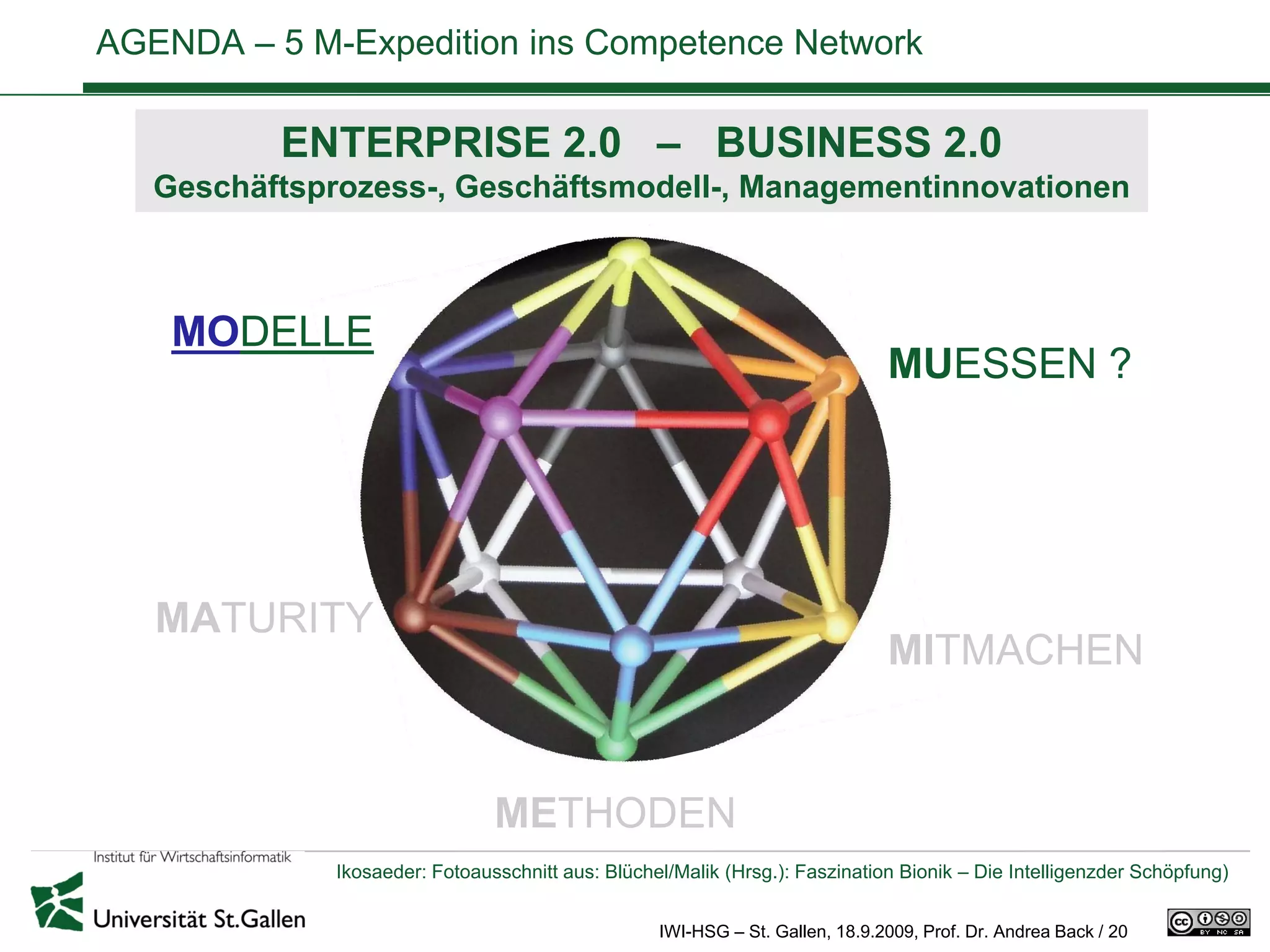 AGENDA – 5 M-Expedition ins Competence Network

          ENTERPRISE 2.0 – BUSINESS 2.0
   Geschäftsprozess-, Geschäftsmodell-, Managementinnovationen



    MODELLE
                                                                               MUESSEN ?




   MATURITY
                                                                               MITMACHEN


                                METHODEN
              Ikosaeder: Fotoausschnitt aus: Blüchel/Malik (Hrsg.): Faszination Bionik – Die Intelligenzder Schöpfung)


                                                   IWI-HSG – St. Gallen, 18.9.2009, Prof. Dr. Andrea Back / 20
 