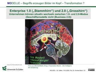 MODELLE – Begriffe erzeugen Bilder im Kopf – Transformation ?

 Enterprise 1.0 („Stammhirn“) und 2.0 („Grosshirn“)
 Unternehmen können situativ wechseln zwischen 1.0- und 2.0-Modus
             (Geschäftsmodelle nicht (Business 2.0))




                Foto aus: Blüchel/Malik (Hrsg.): Faszination Bionik – Die Intelligenz
                der Schöpfung)
                                                  IWI-HSG – St. Gallen, 18.9.2009, Prof. Dr. Andrea Back / 23
 