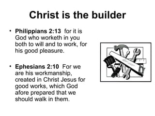 Christ is the builder Philippians 2:13   for it is God who worketh in you both to will and to work, for his good pleasure. Ephesians 2:10   For we are his workmanship, created in Christ Jesus for good works, which God afore prepared that we should walk in them. 