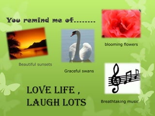 You remind me of……..Beautiful sunsetsblooming flowersGraceful swansLove Life , Laugh LotsBreathtaking music