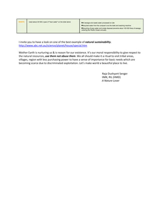 WASTE Used about 30 000 L/year of "town water" on the toilet alone
All sewage and waste water processed on site
Recycled water from the compost runs the toilet and washing machine
Recycling of grey water and onsite disposal prevents about 100 000 litres of sewage
entering the Pacific Ocean annually
I invite you to have a look on one of the best example of natural sustainability.
http://www.abc.net.au/science/planet/house/special.htm
Mother Earth is nurturing us & is reason for our existence. It’s our moral responsibility to give respect to
the natural resources, use them not abuse them. We all should make it a ritual to visit tribal areas,
villages, region with less purchasing power to have a sense of importance for basic needs which are
becoming scarce due to discriminated exploitation. Let’s make world a beautiful place to live.
Raja Dushyant Senger
IIMK, RIL (HMD)
A Nature Lover
 