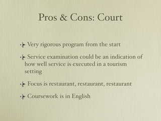 Pros & Cons: Court

Very rigorous program from the start

 Service examination could be an indication of
how well service is executed in a tourism
setting

 Focus is restaurant, restaurant, restaurant

 Coursework is in English
 