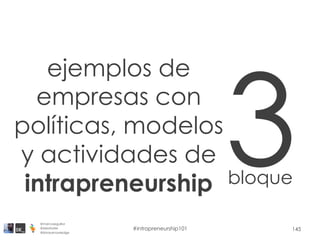 ejemplos de
empresas con
políticas, modelos
y actividades de
intrapreneurship
3bloque
145
@marcoseguillor
@ideafoster
@binaryknowledge
#intrapreneurship101
 