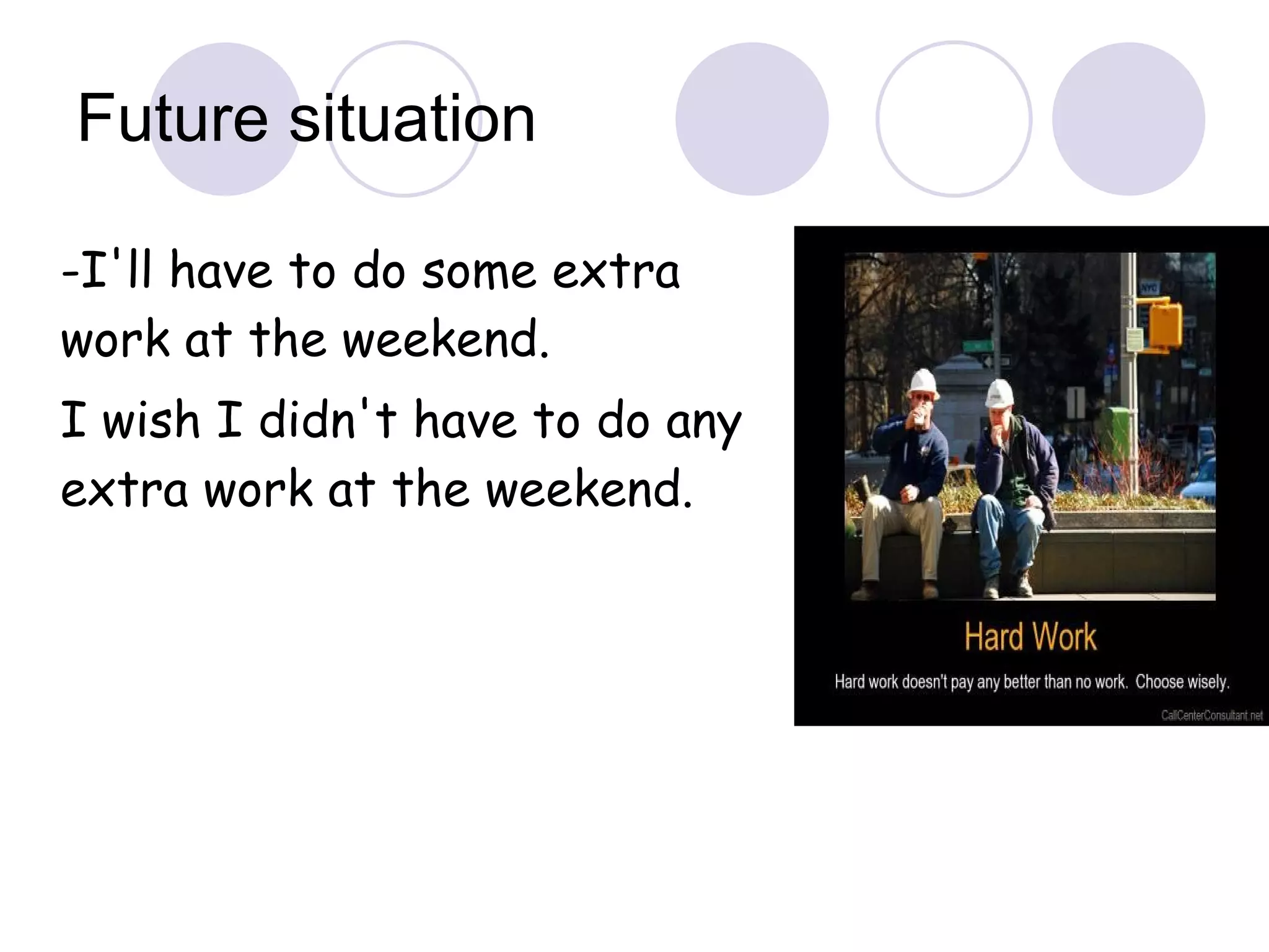 Future situation -I'll have to do some extra work at the weekend.  I wish I didn't have to do any extra work at the weekend. 