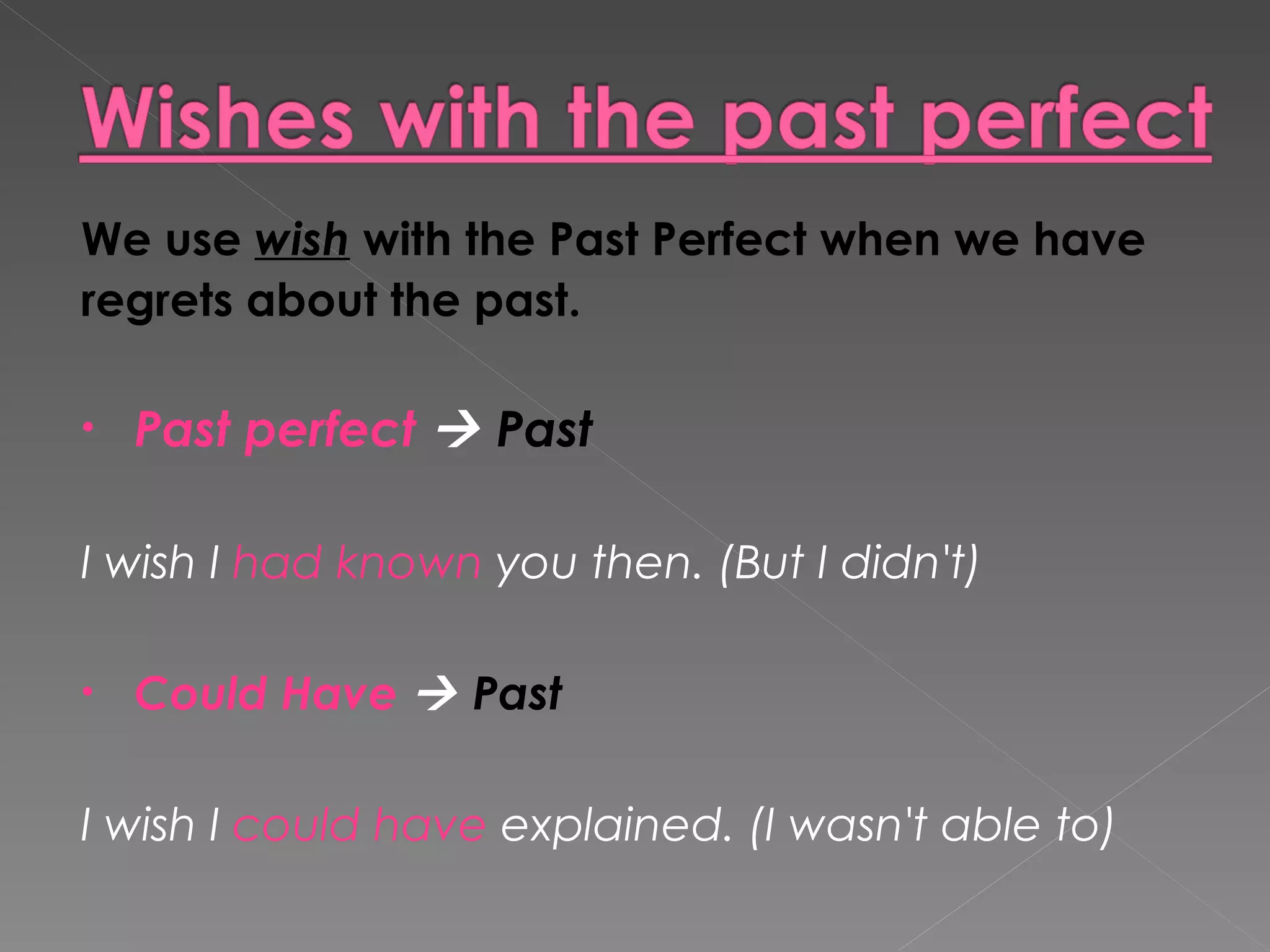 We use  wish  with the Past Perfect when we have regrets about the past. Past perfect     Past I wish I  had known  you then. (But I didn't)  Could Have     Past I wish I  could have  explained. (I wasn't able to) 