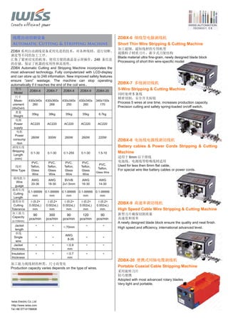 Tel:+86 577-61786606
线缆自动切剥设备
Automatic Cutting & Stripping Machine
ZDBX 系列自动剥线设备采用先进的技术，对各种线材，进行切断、
剥皮等不同的加工工序。
汇集了紧密结实的机身，使用方便的液晶显示屏操作，248 条信息
的存储，保证了机器的实用性和高效性。
ZDBX Automatic Cutting and Stripping Machine incorporates the
most advanced technology. Fully computerized with LCD-display
and can store up to 248 information. New improved safety features
ensure “zero” wastage. The machine can stop operating
automatically if it reaches the end of the coil wire..
型号
Model
ZDBX-6 ZDBX-7 ZDBX-8 ZDBX-9 ZDBX-20
尺寸
Meas-
urement
(WxDxH)
430x340x
260
430x360x
268
430x340x
250
430x340x
260
340x150x
170
重量
Weight
35kg 38kg 35kg 35kg 6.7kg
电源
Power
supply
AC220 AC220 AC220 AC220 AC220
电耗
Power
consump
-tion
260W 300W 260W 260W 220W
剥线长度
Stripping
Length
(mm)
0.1-30 0.1-30 0.1-255 0.1-30 1.5-10
线材
Wire Type
PVC,
Telfon,
Glass
Wire
PVC,
Telfon,
Glass
Wire
PVC,
Telfon,
Glass
Wire
PVC,
Telfon,
Glass
Wire
PVC,
Telfon,
Glass Wire
裁线能力
Wire
guage
AWG
20-36
AWG
18-30
BVVB
2x1.5mm
AWG
16-30
AWG
14-30
裁剪长度
Cutting
Length
0.1-99999
mm
0.1-99999
mm
0.1-99999
mm
0.1-99999
mm
0.1-99999
mm
裁剪容差
Cutting
Tolerance
±(0.2+
0.002xL)
mm
±(0.2+
0.002xL)
mm
±(0.2+
0.002xL)
mm
±(0.2+
0.002xL)
mm
±(0.2+
0.002xL)
mm
加工能力
Capacity
(L=100mm)
90
pcs/min
300
pcs/min
90
pcs/min
120
pcs/min
90
pcs/min
Jacket
length
- - ≤70mm
- -
单线
Single
wire
- - AWG
8-26
- -
Jacket
thickness
- - ≤0.9
mm
- -
Insulation
thickness
- - ≤0.7
mm
- -
加工能力视线材的种类、尺寸而变化
Production capacity varies depends on the type of wires.
ZDBX-6 细线型电脑剥线机
Short Thin Wire Stripping & Cutting Machine
加工超细、超短线材的专用机型
超微粒子材质刀片，新卡式刀架结构
Processing of short thin wire-specific model
ZDBX-7 多线剥切线机
5-Wire Stripping & Cutting Machine
同时处理 5 条线
精密切割，安全开关按钮
Process 5 wires at one time, increases production capacity.
Precision cutting and safety spring-loaded on/off switch.
ZDBX-8 电池线电源线剥切线机
Battery cables & Power Cords Stripping & Cutting
Machine
适用于 6mm 以下排线
电池线、电源线等特殊线材适用
Used for less then 6mm flat cable,
For special wire like battery cables or power cords.
ZDBX-9 高速率剥切线机
High Speed Cable Wire Stripping & Cutting Machine
新型刀片确保切割质量
高速度和效率
A newly designed blade block ensure the quality and neat finish.
High speed and efficiency, international advanced level.
ZDBX-20 便携式同轴电缆剥线机
Portable Coaxial Cable Stripping Machine
采用旋转刀片
轻巧便携
Adopted with most advanced rotary blades
Very light and portable.
Blade material ultra fine-grain, newly designed blade block
Iwiss Electric Co.,Ltd
Http://www.iwiss.com
 