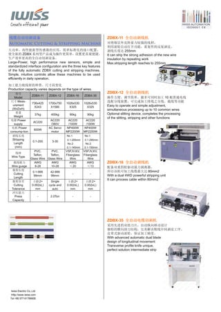 Tel:+86 577-61786606
线缆自动切剥设备
Automatic Cutting & Stripping Machine
大功率，高性能新型传感器的应用，简单标准化的接口配置，
使全新的 ZDBX 系列型产品成为操作更简单，设置更直观便捷，
生产效率更高的全自动切剥设备。
Large-Power, high performance new sensors, simple and
standardized interface configuration are the three key features
of the fully automatic ZDBX cutting and stripping machines.
Simple, intuitive controls allow these machines to be used
efficiently in daily operation.
加工能力视线材的种类、尺寸而变化
Production capacity varies depends on the type of wires.
型号
Model
ZDBX-11 ZDBX-12 ZDBX-16 ZDBX-35
尺寸 Meas-
urement
(WxDxH)
736x425
X243
1700x750
X1580
1026x530
X325
1026x530
X325
重量
Weight
37kg 400kg 90kg 90kg
电源 Power
supply
AC220
AC220
/380V
AC220
/100W
AC220
/100W
电耗 Power
consump-tion
600W
AC Servo
motor
NP400W
MP2200W
NP400W
MP2200W
剥线长度
Stripping
Length
(mm)
0.1-200 3-30
No.1:
0.1-255mm
No.2:
0.1-140mm
No.1:
0.1-290mm
No.2:
0.1-150mm
线材
Wire Type
PVC,
Telfon,
Glass Wire
PVC,
Telfon,
Glass Wire
VSF,IV,KV,
Fiberglass
Wire
VSF,IV,KV,
Fiberglass
Wire
裁线能力
Wire guage
AWG
8-28
AWG
10-28
AWG
≤20
AWG
≤13
裁剪长度
Cutting
Length
0.1-999
99mm
42-999
99mm
- -
裁剪容差
Cutting
Tolerance
±(0.2+
0.002xL)
mm
Single
cycle and
auto
±(0.2+
0.002xL)
mm
±(0.2+
0.002xL)
mm
冲压能力
Press
Capacity
- 2.0Ton - -
ZDBX-11 全自动剥线机
对绝缘层外皮附着力较强的线材，
利用滚轮自动打开功能，重复性的反复剥皮。
剥线长度达 255mm
It can strip the strong adhesion of the new wire
insulation by repeating work
Max.stripping length reaches to 255mm
ZDBX-12 全自动剥线机
操作方便、调节简单。最多可同时加工 10 根普通电线
选配分线装置，可完成加工排线之分线、裁线等功能
Easy to operate and simple adjustment,
simultaneous processing up to 10 common wires
Optional slitting device, completes the processing
of the slitting, stripping and other functions
ZDBX-16 全自动剥线机
配备双重四轮驱动强力剥离器，
所以该机可加工线缆最大达 80mm2
With a dual 4WD powerful stripping unit
It can process cable within 80mm2
ZDBX-35 全自动电缆切剥机
采用先进的双组刀片，自动纵向移动设计
独特的横向剖刀结构，完美解决粗线中间剥皮工序。
皮带式驱动滚轮，保证加工精度。
With advanced automatic dual blade
design of longitudinal movement
Transverse profile knife unique,
perfect solution intermediate strip
Iwiss Electric Co.,Ltd
Http://www.iwiss.com
 