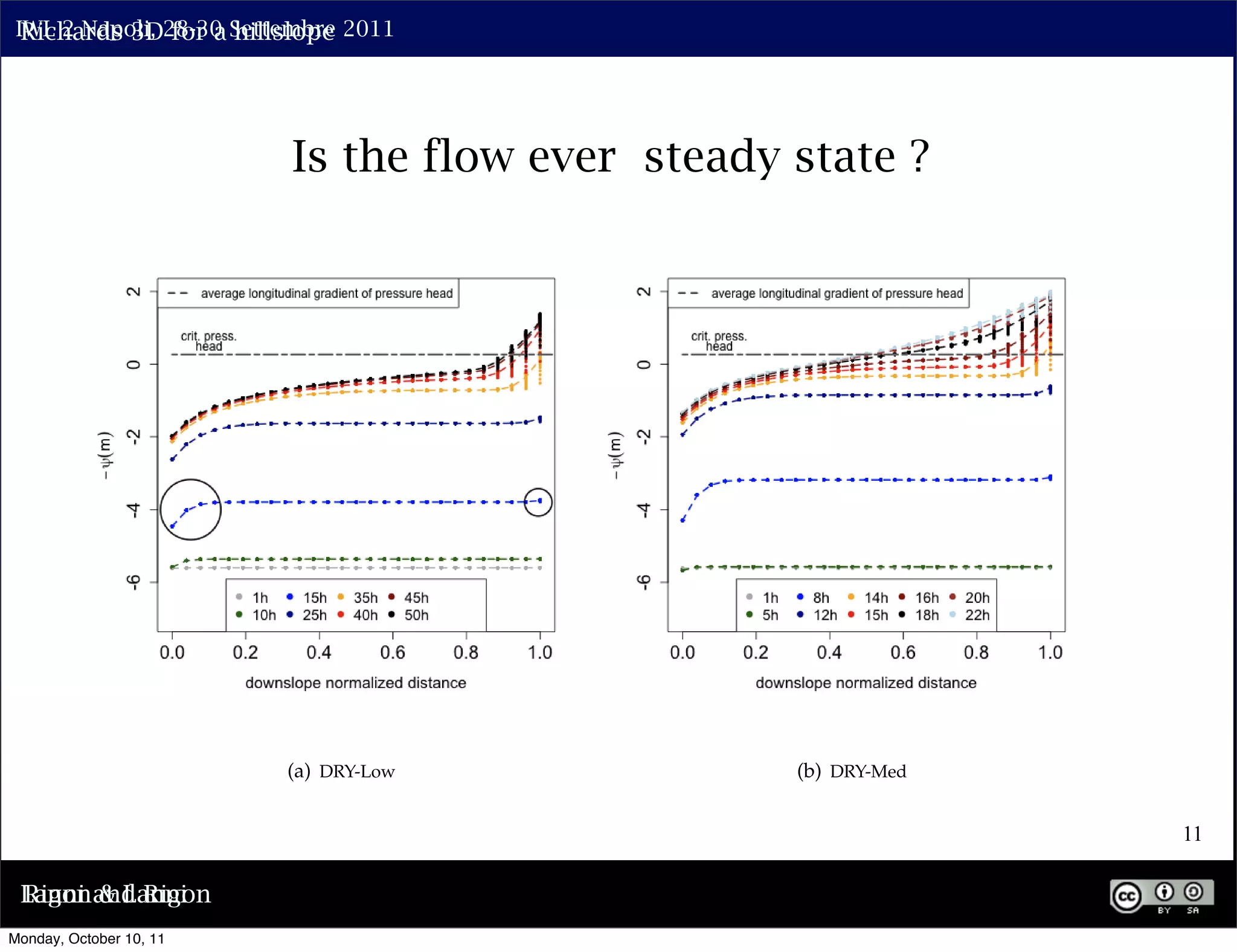 IWL 2 Napoli, 28-30 Settembre 2011
  Richards 3D for a hillslope




- 54                        Is the flow ever steady state ?
                LANNI ET AL.: HYDROLOGICAL ASPECTS IN THE TRIGGERING OF SHALLOW LANDSLIDES




                            (a) DRY-Low                             (b) DRY-Med


                                                                                             11

 Lanni and Rigon
 Rigon & Lanni
Monday, October 10, 11
 