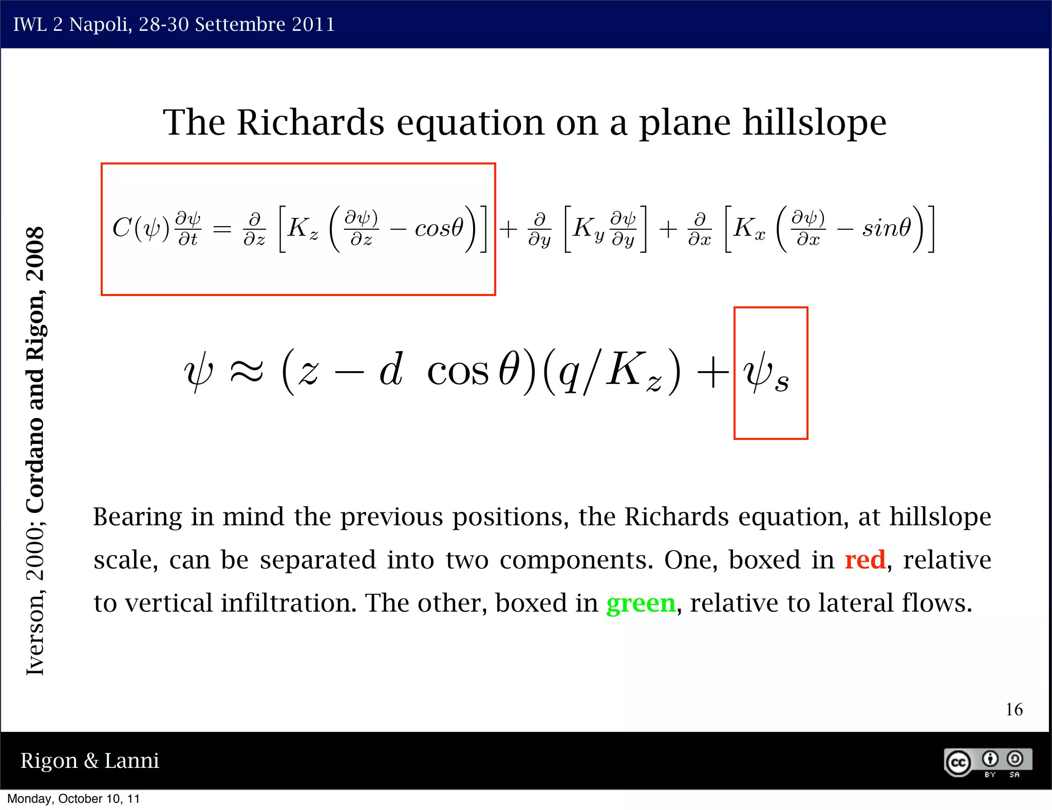 IWL 2 Napoli, 28-30 Settembre 2011




                                                 The Richards equation on a plane hillslope

                                                             ⇤                    ⇥⌅            ⇤      ⌅          ⇤                    ⇥⌅
                                                                      ⇥ )                                                  ⇥ )
                                            C(⇥) ⇥ =    ⇥
                                                                 Kz         cos        +   ⇥
                                                                                                    Ky ⇥ +   ⇥
                                                                                                                      Kx         sin
  Iverson, 2000; Cordano and Rigon, 2008




                                                 ⇥t     ⇥z             ⇥z                  ⇥y          ⇥y    ⇥x            ⇥x




                                                   ⇥ ⇥ (z               d cos )(q/Kz ) + ⇥s

                                           Bearing in mind the previous positions, the Richards equation, at hillslope
                                           scale, can be separated into two components. One, boxed in red, relative
                                           to vertical infiltration. The other, boxed in green, relative to lateral flows.



                                                                                                                                            16

  Rigon & Lanni
Monday, October 10, 11
 
