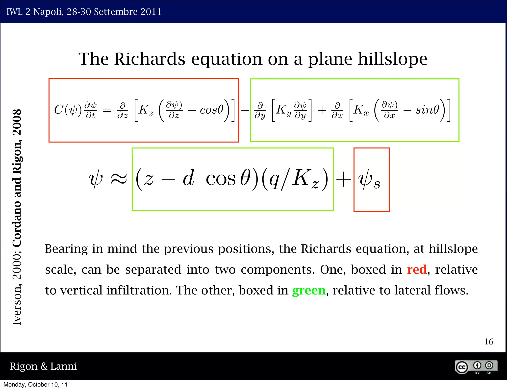 IWL 2 Napoli, 28-30 Settembre 2011




                                                 The Richards equation on a plane hillslope

                                                             ⇤                    ⇥⌅            ⇤      ⌅          ⇤                    ⇥⌅
                                                                      ⇥ )                                                  ⇥ )
                                            C(⇥) ⇥ =    ⇥
                                                                 Kz         cos        +   ⇥
                                                                                                    Ky ⇥ +   ⇥
                                                                                                                      Kx         sin
  Iverson, 2000; Cordano and Rigon, 2008




                                                 ⇥t     ⇥z             ⇥z                  ⇥y          ⇥y    ⇥x            ⇥x




                                                   ⇥ ⇥ (z               d cos )(q/Kz ) + ⇥s

                                           Bearing in mind the previous positions, the Richards equation, at hillslope
                                           scale, can be separated into two components. One, boxed in red, relative
                                           to vertical infiltration. The other, boxed in green, relative to lateral flows.



                                                                                                                                            16

  Rigon & Lanni
Monday, October 10, 11
 