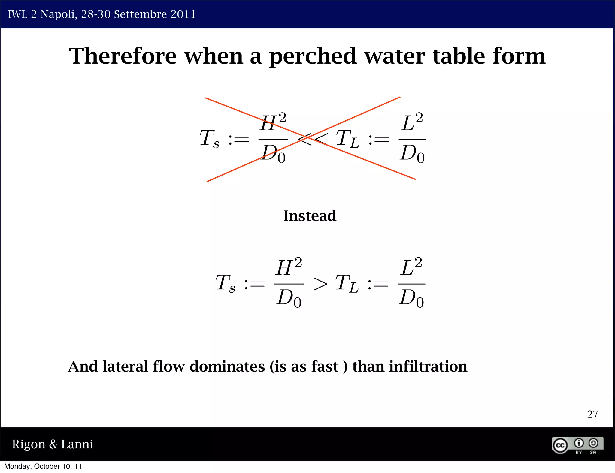 IWL 2 Napoli, 28-30 Settembre 2011



                  Therefore when a perched water table form




                                                Instead




                 And lateral flow dominates (is as fast ) than infiltration


                                                                              27

  Rigon & Lanni
Monday, October 10, 11
 