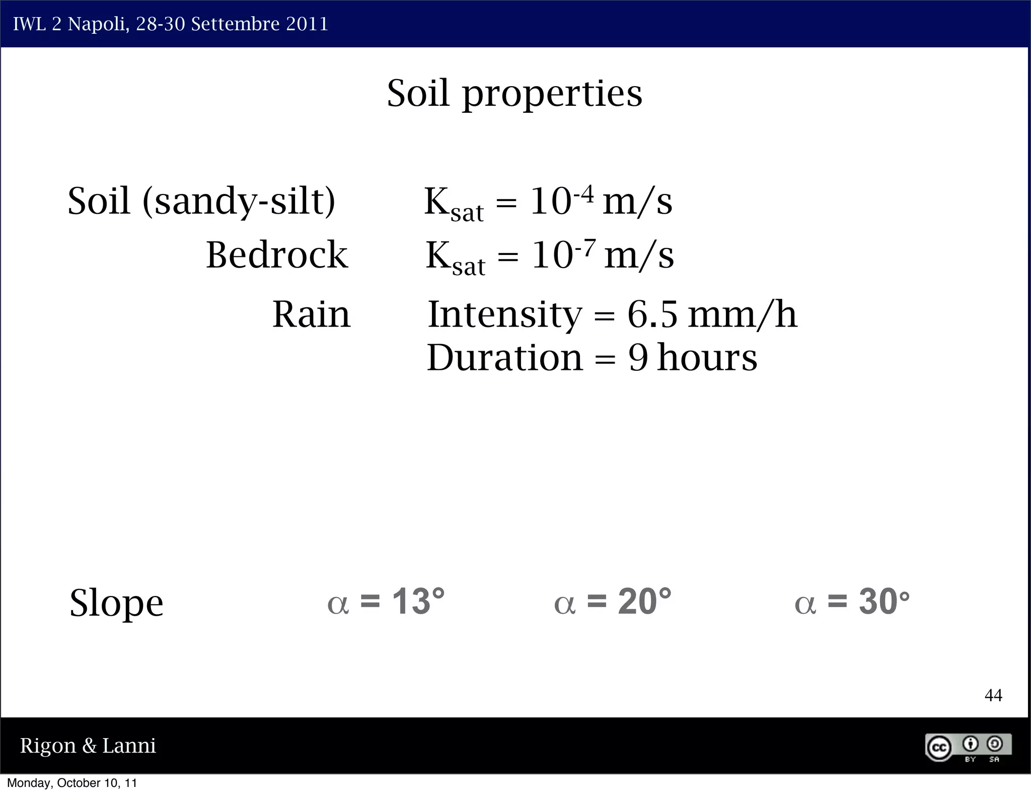 IWL 2 Napoli, 28-30 Settembre 2011



                                      Soil properties

          Soil (sandy-silt)             Ksat = 10-4 m/s
                   Bedrock              Ksat = 10-7 m/s
                            Rain        Intensity = 6.5 mm/h
                                        Duration = 9 hours




          Slope                   α = 13°      α = 20°     α = 30°

                                                                     44

  Rigon & Lanni
Monday, October 10, 11
 