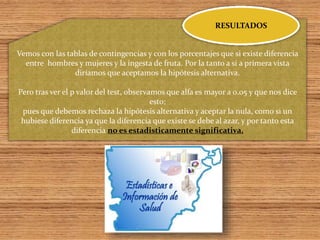 Vemos con las tablas de contingencias y con los porcentajes que si existe diferencia
entre hombres y mujeres y la ingesta de fruta. Por la tanto a si a primera vista
diríamos que aceptamos la hipótesis alternativa.
Pero tras ver el p valor del test, observamos que alfa es mayor a 0.05 y que nos dice
esto;
pues que debemos rechaza la hipótesis alternativa y aceptar la nula, como si un
hubiese diferencia ya que la diferencia que existe se debe al azar, y por tanto esta
diferencia no es estadisticamente significativa.
RESULTADOS
 
