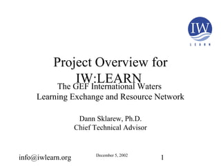 info@iwlearn.org 1
Project Overview for
IW:LEARNThe GEF International Waters
Learning Exchange and Resource Network
Dann Sklarew, Ph.D.
Chief Technical Advisor
December 5, 2002
 