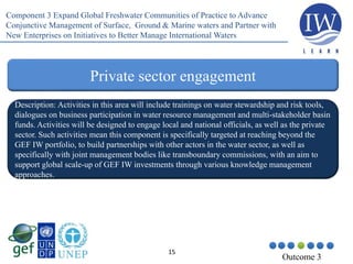 15
Outcome 3
Private sector engagement
Description: Activities in this area will include trainings on water stewardship and risk tools,
dialogues on business participation in water resource management and multi-stakeholder basin
funds. Activities will be designed to engage local and national officials, as well as the private
sector. Such activities mean this component is specifically targeted at reaching beyond the
GEF IW portfolio, to build partnerships with other actors in the water sector, as well as
specifically with joint management bodies like transboundary commissions, with an aim to
support global scale-up of GEF IW investments through various knowledge management
approaches.
Component 3 Expand Global Freshwater Communities of Practice to Advance
Conjunctive Management of Surface, Ground & Marine waters and Partner with
New Enterprises on Initiatives to Better Manage International Waters
 