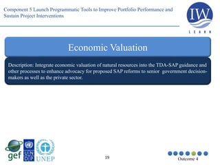 19 Outcome 4
Economic Valuation
Description: Integrate economic valuation of natural resources into the TDA-SAP guidance and
other processes to enhance advocacy for proposed SAP reforms to senior government decision-
makers as well as the private sector.
Component 5 Launch Programmatic Tools to Improve Portfolio Performance and
Sustain Project Interventions
 