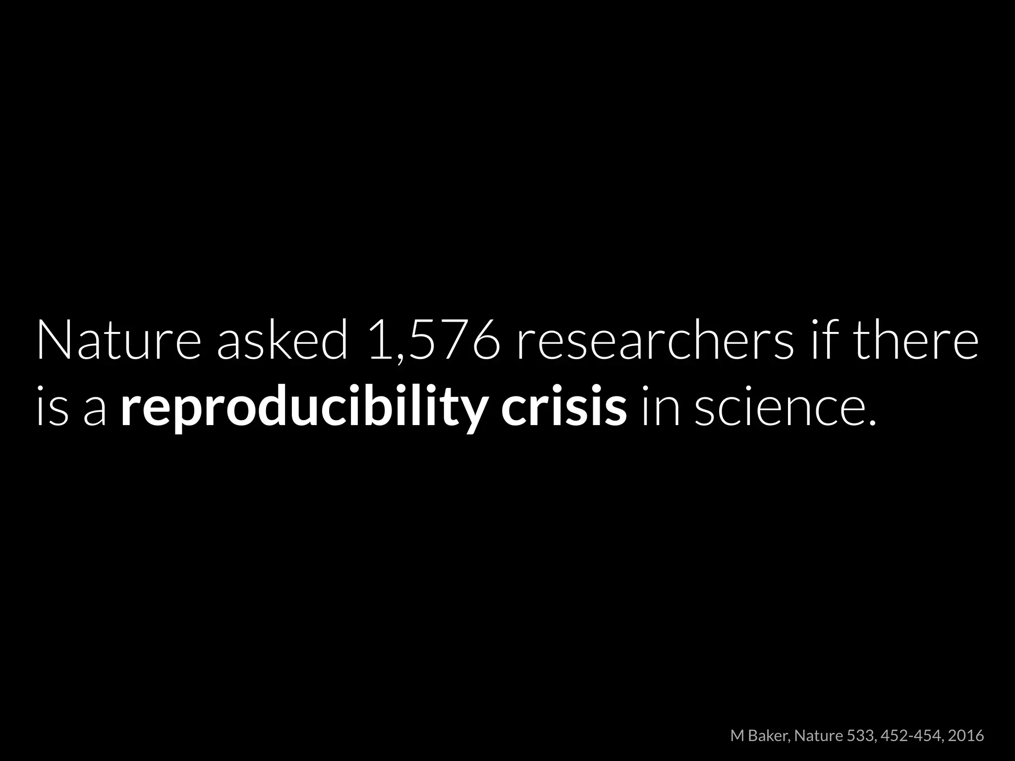 Nature asked 1,576 researchers if there
is a reproducibility crisis in science.
M Baker, Nature 533, 452-454, 2016
 