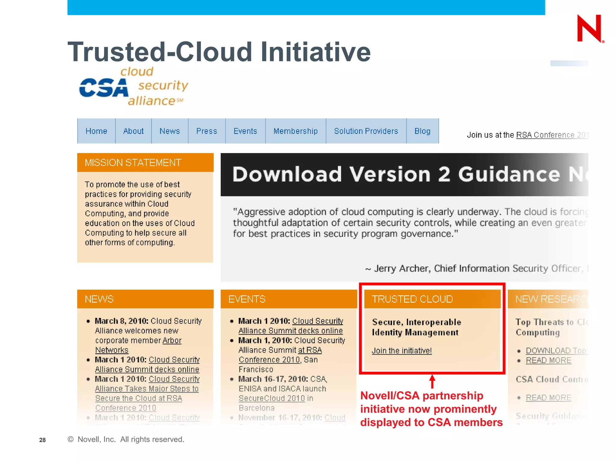 Trusted-Cloud Initiative




                                           Novell/CSA partnership
                                           initiative now prominently
                                           displayed to CSA members
28   © Novell, Inc. All rights reserved.
 
