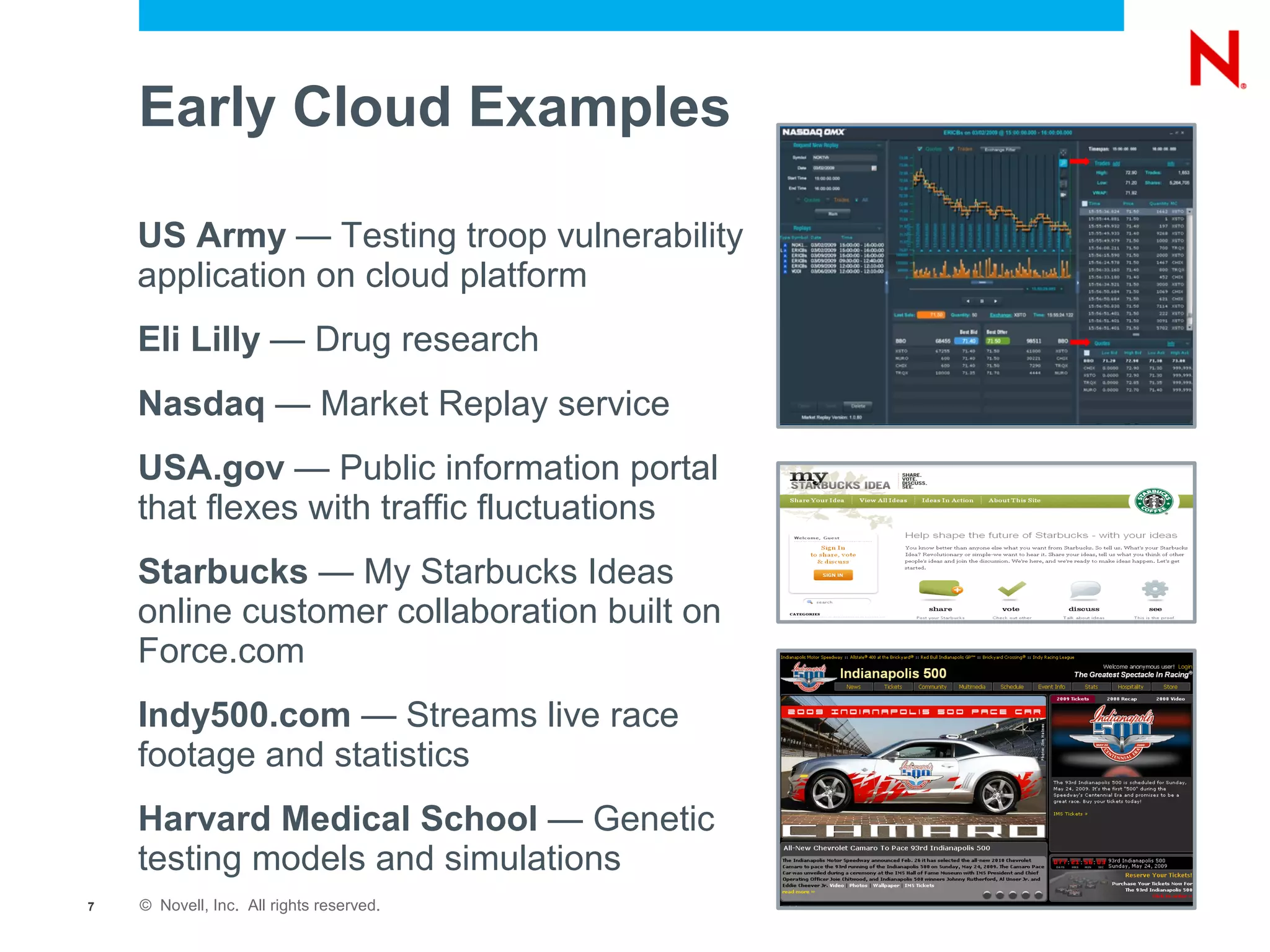 Early Cloud Examples

    US Army — Testing troop vulnerability
    application on cloud platform
    Eli Lilly — Drug research
    Nasdaq — Market Replay service
    USA.gov — Public information portal
    that flexes with traffic fluctuations
    Starbucks — My Starbucks Ideas
    online customer collaboration built on
    Force.com
    Indy500.com — Streams live race
    footage and statistics
    Harvard Medical School — Genetic
    testing models and simulations
7   © Novell, Inc. All rights reserved.
 