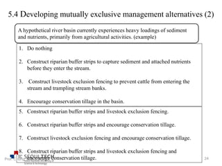A hypothetical river basin currently experiences heavy loadings of sediment
and nutrients, primarily from agricultural activities. (example)
1. Do nothing
2. Construct riparian buffer strips to capture sediment and attached nutrients
before they enter the stream.
3. Construct livestock exclusion fencing to prevent cattle from entering the
stream and trampling stream banks.
4. Encourage conservation tillage in the basin.
5. Construct riparian buffer strips and livestock exclusion fencing.
6. Construct riparian buffer strips and encourage conservation tillage.
7. Construct livestock exclusion fencing and encourage conservation tillage.
8. Construct riparian buffer strips and livestock exclusion fencing and
encourage conservation tillage. 24Prof. Chung, Eun-Sung
5.4 Developing mutually exclusive management alternatives (2)
 