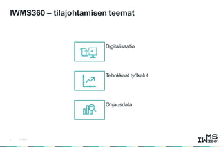IWMS360 – tilajohtamisen teemat
3.11.20164
Digitalisaatio
Ohjausdata
Tehokkaat työkalut
 