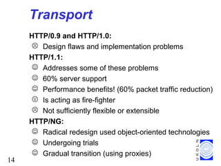 14
Transport
HTTP/0.9 and HTTP/1.0:
 Design flaws and implementation problems
HTTP/1.1:
 Addresses some of these problems
 60% server support
 Performance benefits! (60% packet traffic reduction)
 Is acting as fire-fighter
 Not sufficiently flexible or extensible
HTTP/NG:
 Radical redesign used object-oriented technologies
 Undergoing trials
 Gradual transition (using proxies)
 