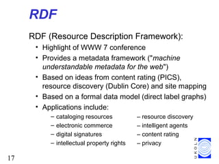 17
RDF
RDF (Resource Description Framework):
• Highlight of WWW 7 conference
• Provides a metadata framework ("machine
understandable metadata for the web")
• Based on ideas from content rating (PICS),
resource discovery (Dublin Core) and site mapping
• Based on a formal data model (direct label graphs)
• Applications include:
– cataloging resources – resource discovery
– electronic commerce – intelligent agents
– digital signatures – content rating
– intellectual property rights – privacy
 