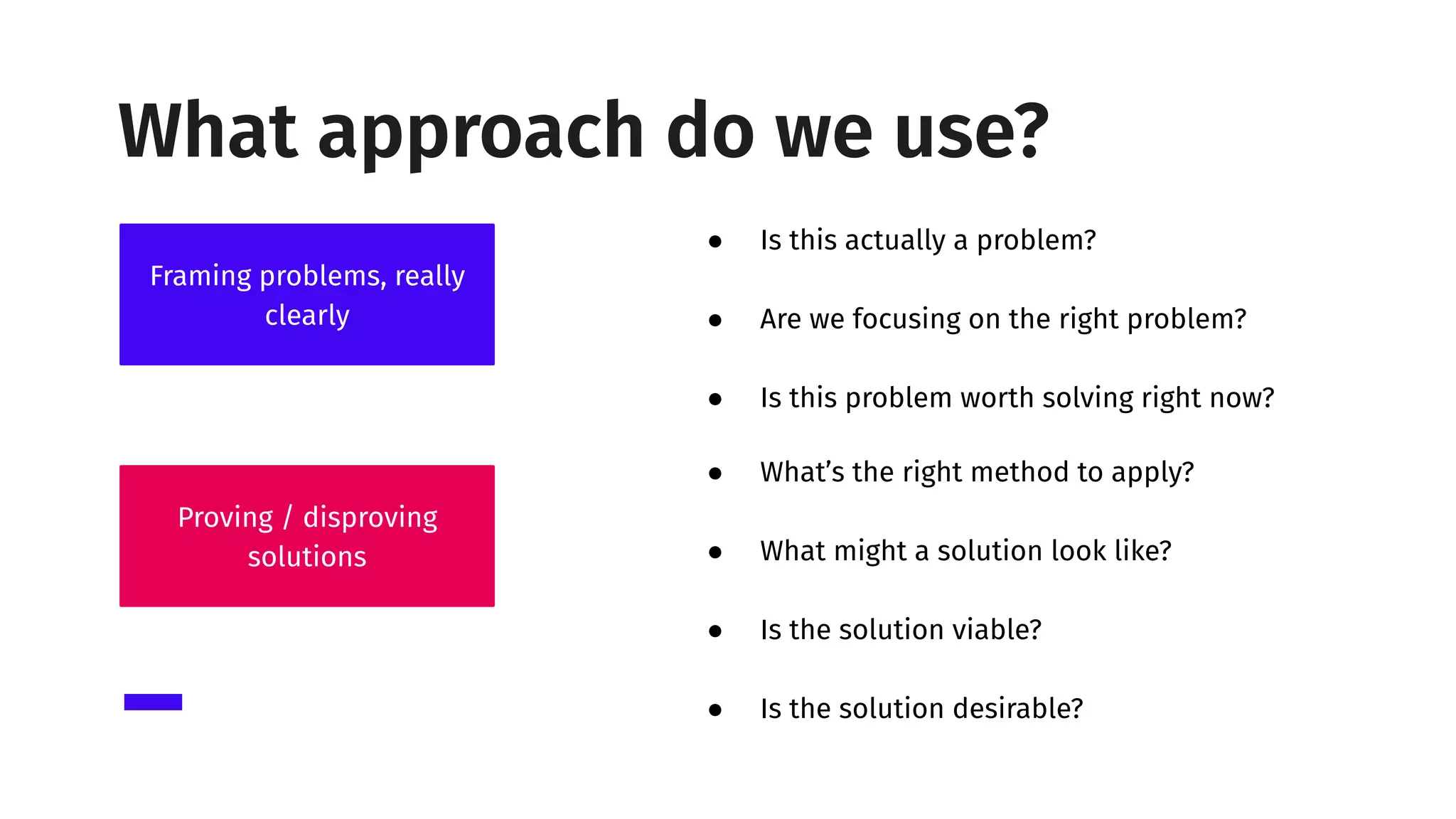 ● What’s the right method to apply?
● What might a solution look like?
● Is the solution viable?
● Is the solution desirable?
● Is this actually a problem?
● Are we focusing on the right problem?
● Is this problem worth solving right now?
Framing problems, really
clearly
Proving / disproving
solutions
What approach do we use?
 