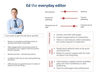 Ed the everyday editor
• Wants to complete publishing tasks as
quickly and easily as possible
• May engage with community events if
prompted. Uses support wiki but prefers
email or phone.
• Mainly reactive – directed by others.
• Confident with day-to-day web publishing
activities.
• CMS structure is good because it makes it
harder to break things.
Technical
Time for
publishing
Frequent user of
CMS
Non-technical
No time for
publishing
Infrequent user of
CMS
 Creates and edits web-pages
 Simple reorganisation of subsections
 Takes on new features when prompted,
but needs support to implement
TYPICALTASKS  Needs basic editorial tasks to be quick
and hassle-free
 Needs to consult support wiki for tasks
he doesn’t do frequently
PAIN
POINTS
 Likes having a support service available;
gives him more confidence in web
publishing.
 Feels his web pages look professional.
BENEFIT
OFCMS
“I just want to get the job done quickly”
 