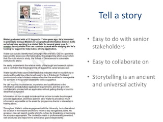Tell a story
• Easy to do with senior
stakeholders
• Easy to collaborate on
• Storytelling is an ancient
and universal activity
 