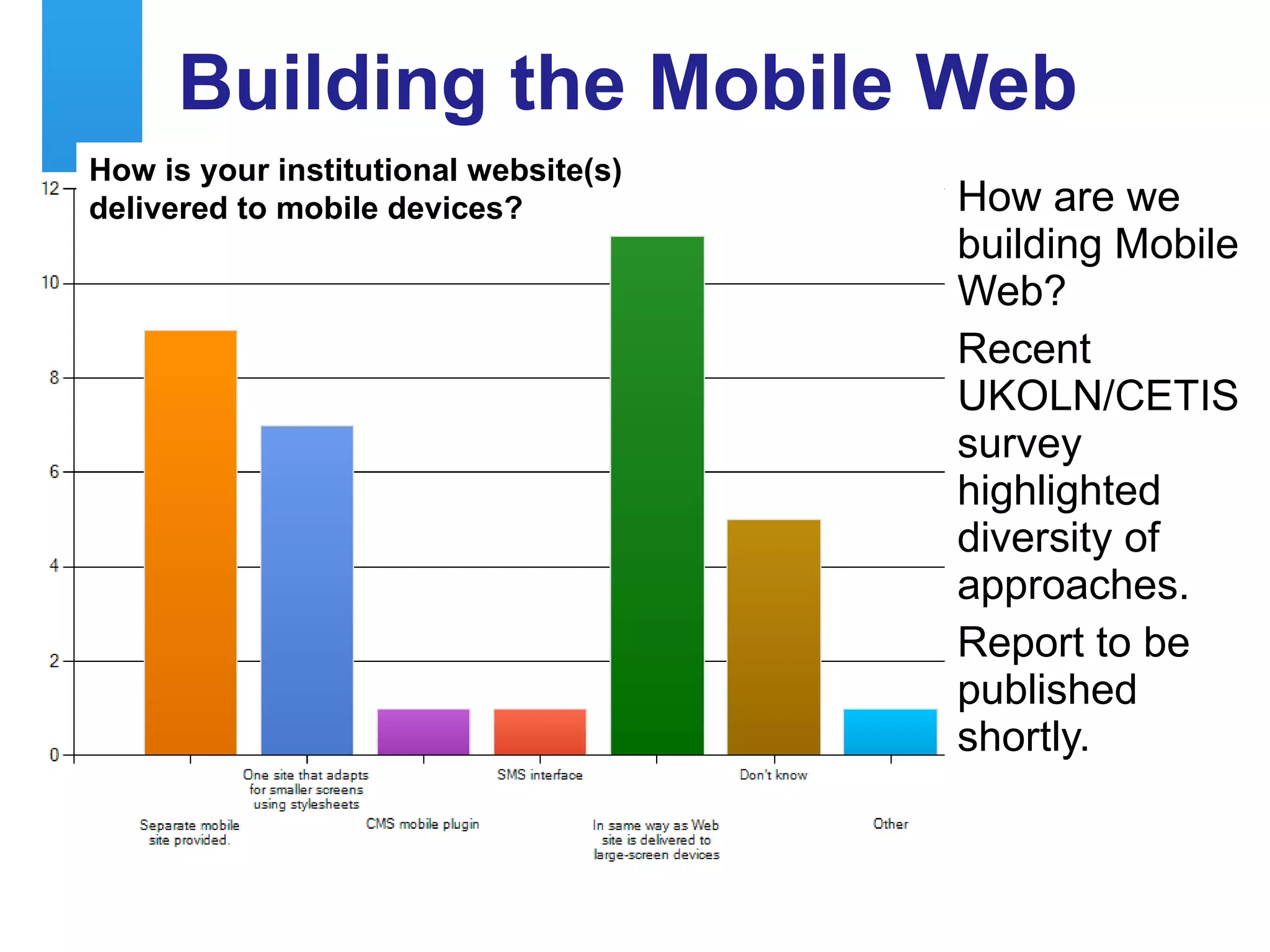Building the Mobile Web How are we building Mobile Web? Recent UKOLN/CETIS survey highlighted diversity of approaches. Report to be published shortly. How is your institutional website(s)  delivered to mobile devices? 