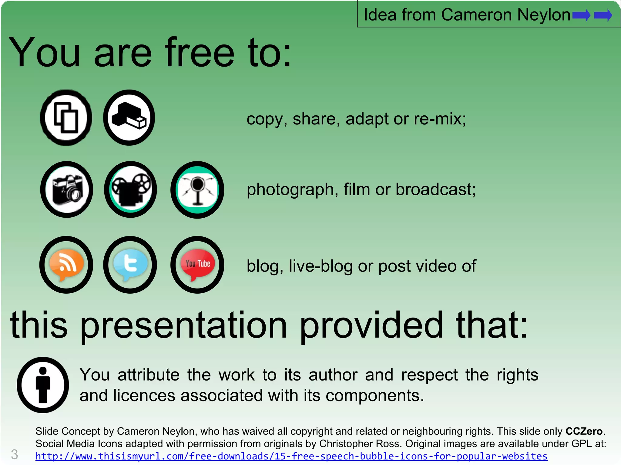 You are free to: copy, share, adapt or re-mix; photograph, film or broadcast; blog, live-blog or post video of this presentation provided that: You attribute the work to its author and respect the rights and licences associated with its components. Idea from Cameron Neylon Slide Concept by Cameron Neylon, who has waived all copyright and related or neighbouring rights. This slide only  CCZero . Social Media Icons adapted with permission from originals by Christopher Ross. Original images are available under GPL at: http://www.thisismyurl.com/free-downloads/15-free-speech-bubble-icons-for-popular-websites   