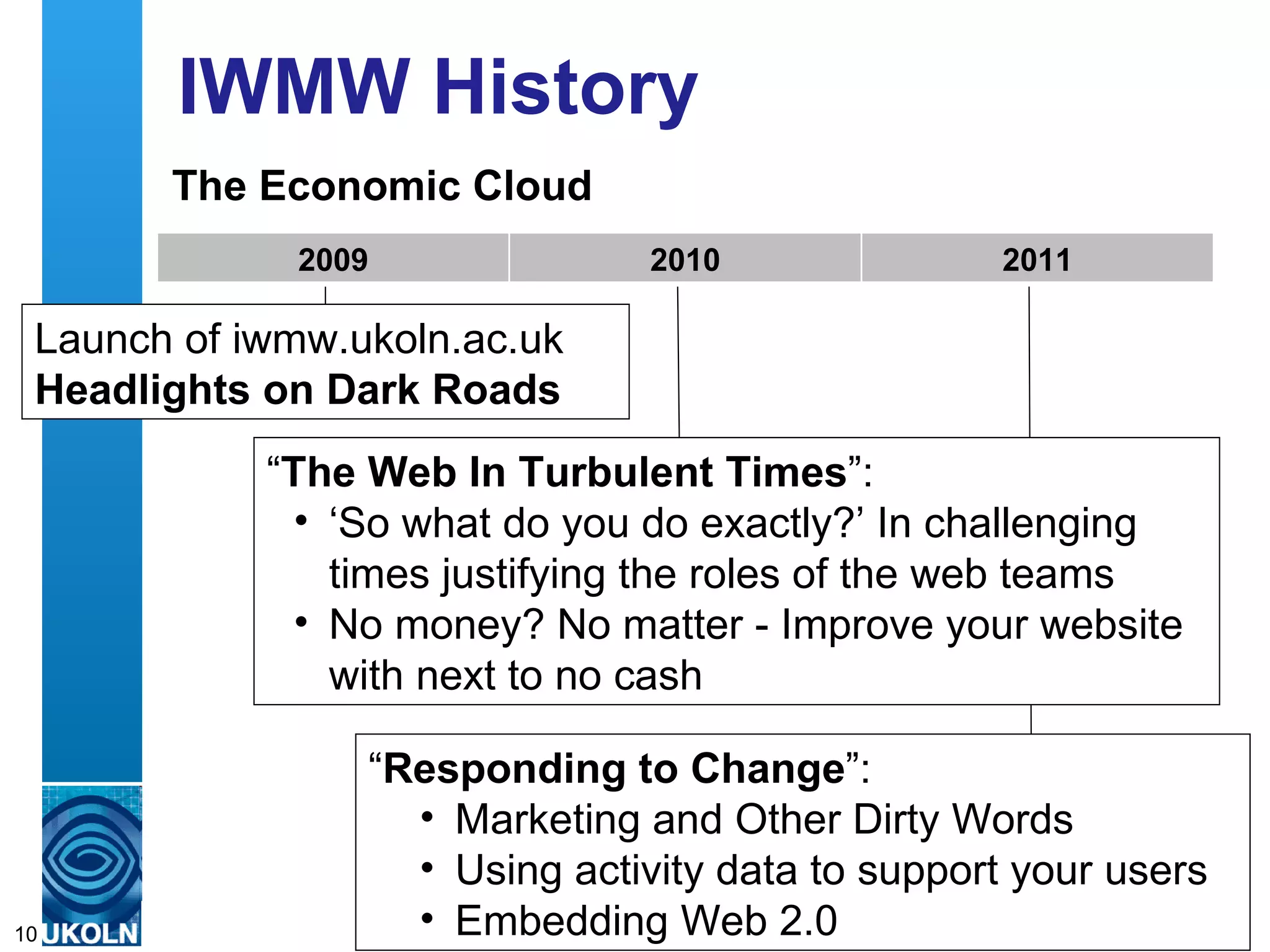 IWMW History
       The Economic Cloud
               2009                   2010                  2011

 Launch of iwmw.ukoln.ac.uk
 Headlights on Dark Roads
             “The Web In Turbulent Times”:
               • ‘So what do you do exactly?’ In challenging
                 times justifying the roles of the web teams
               • No money? No matter - Improve your website
                 with next to no cash

                         “Responding to Change”:
                               • Marketing and Other Dirty Words
                               • Using activity data to support your users
10                             • Embedding Web 2.0
        A centre of expertise in digital information management
 