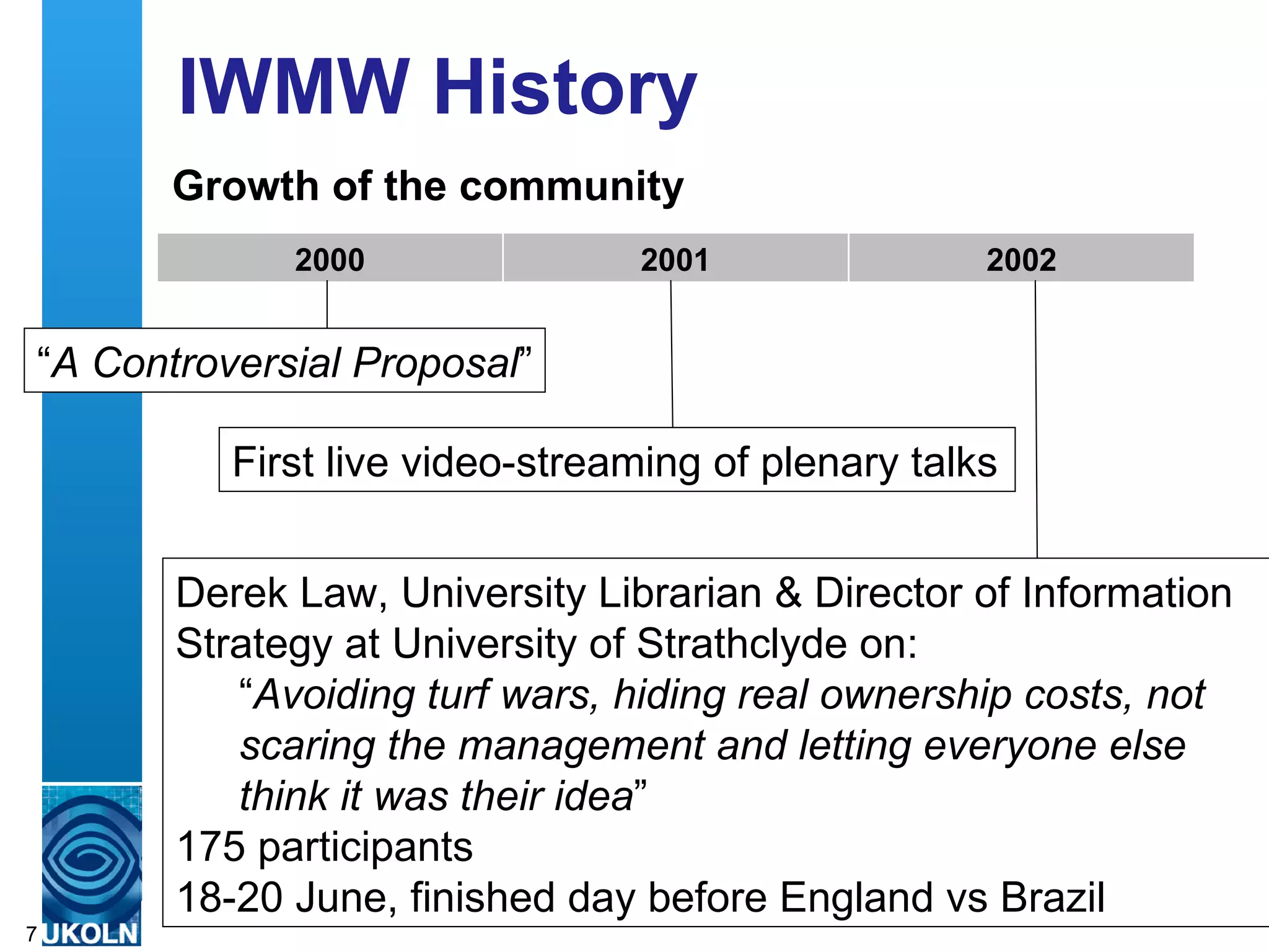 IWMW History
       Growth of the community
             2000               2001                2002


“A Controversial Proposal”

          First live video-streaming of plenary talks


       Derek Law, University Librarian & Director of Information
       Strategy at University of Strathclyde on:
            “Avoiding turf wars, hiding real ownership costs, not
            scaring the management and letting everyone else
            think it was their idea”
       175 participants
       18-20ofJune, finished day managementEngland vs Brazil
       A centre expertise in digital information before
7
 