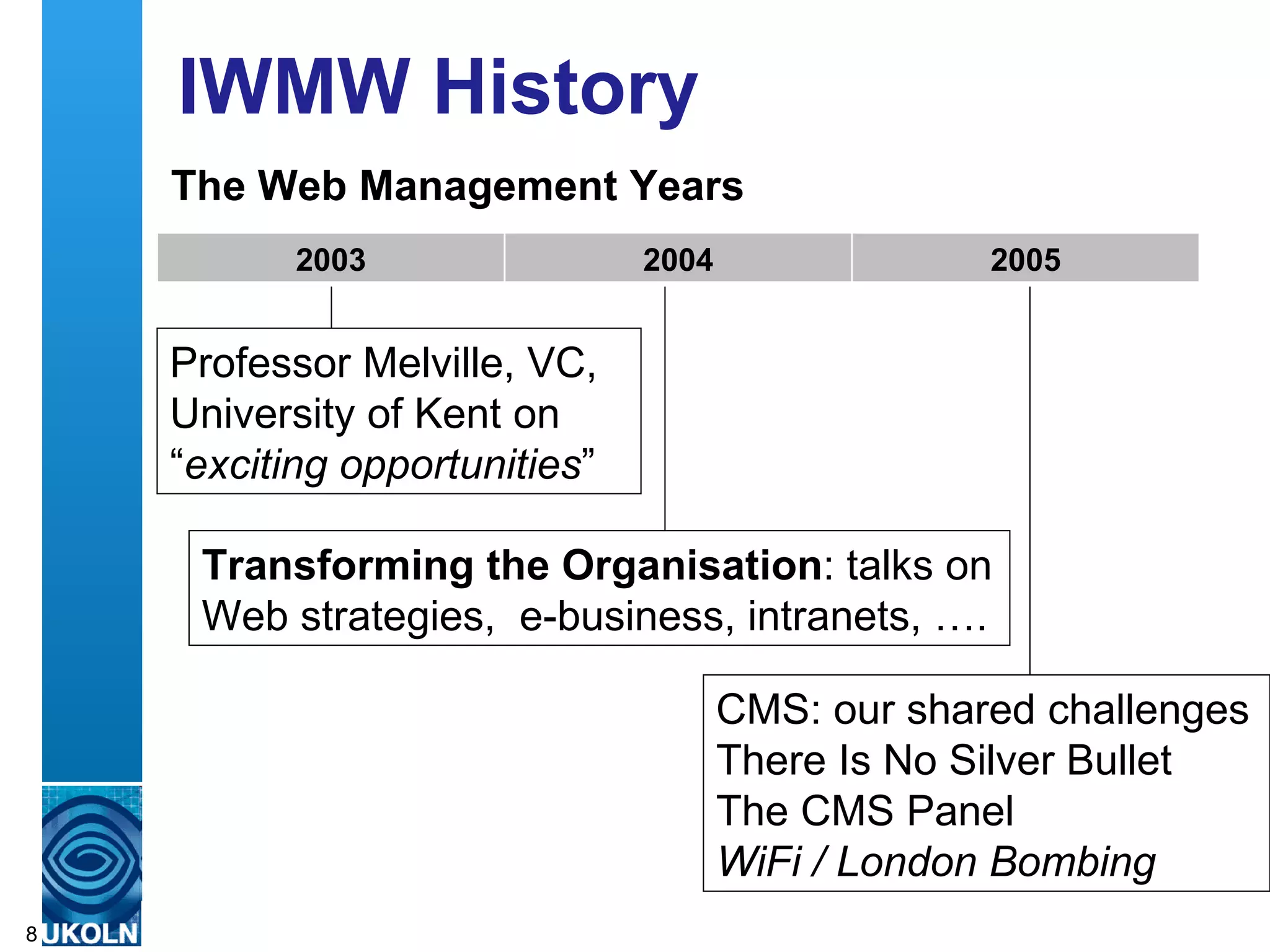 IWMW History
    The Web Management Years
              2003                            2004                2005


    Professor Melville, VC,
    University of Kent on
    “exciting opportunities”

      Transforming the Organisation: talks on
      Web strategies, e-business, intranets, ….

                                                     CMS: our shared challenges
                                                     There Is No Silver Bullet
                                                     The CMS Panel
                                                     WiFi / London Bombing
    A centre of expertise in digital information management
8
 