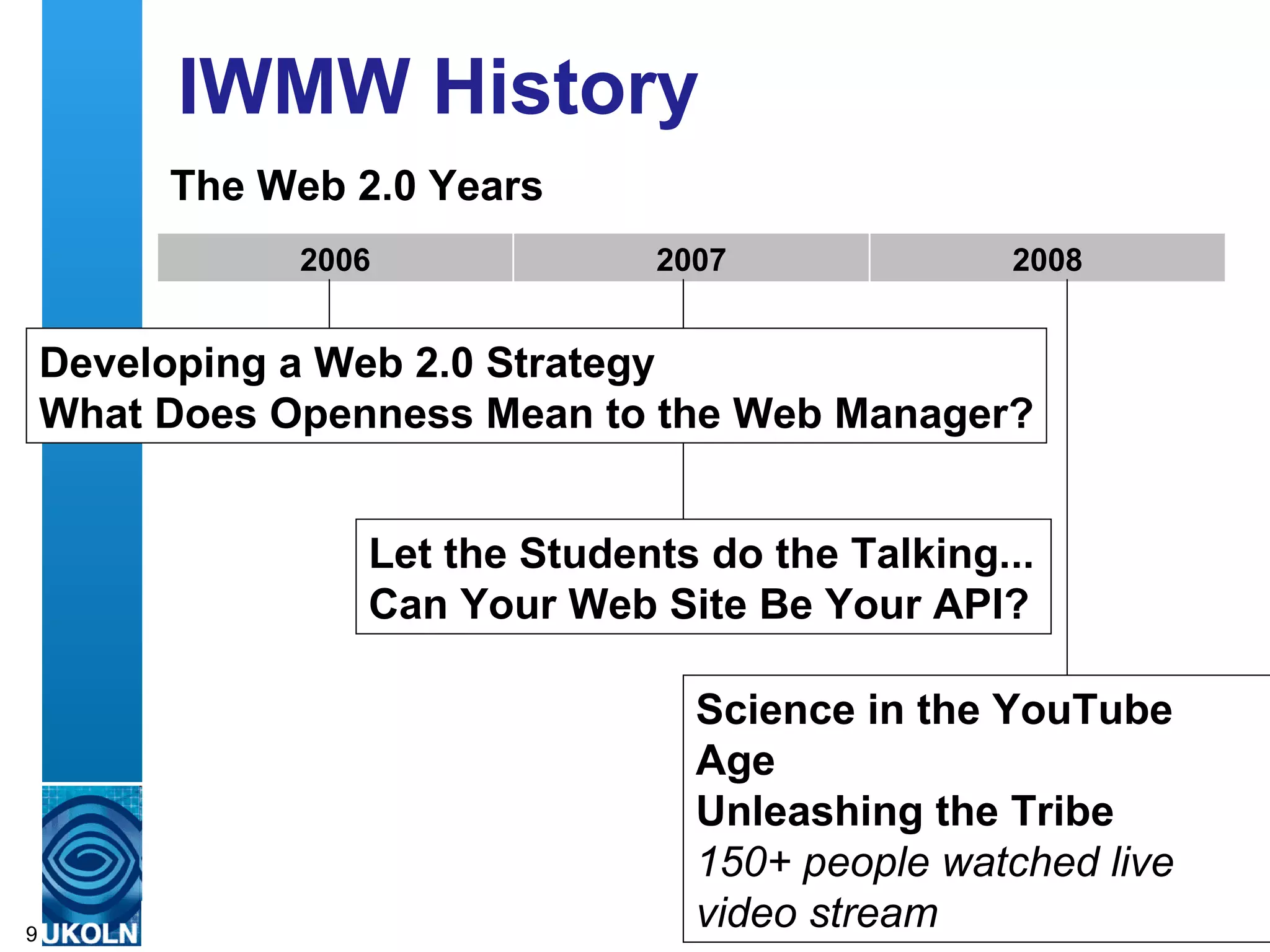 IWMW History
         The Web 2.0 Years
                 2006                       2007                      2008


    Developing a Web 2.0 Strategy
    What Does Openness Mean to the Web Manager?


                      Let the Students do the Talking...
                      Can Your Web Site Be Your API?

                                                          Science in the YouTube
                                                          Age
                                                          Unleashing the Tribe
                                                          150+ people watched live
         A centre of expertise in digital information management stream
                                                          video
9
 