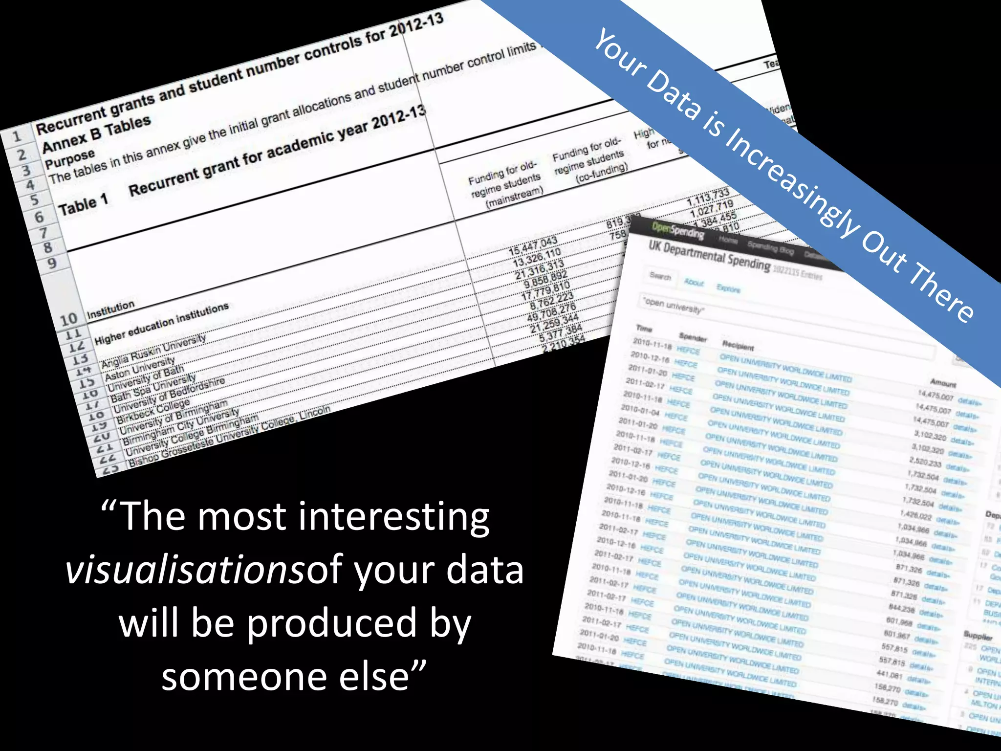 “The most interesting
visualisationsof your data
   will be produced by
     someone else”
 