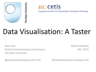 Data Visualisation: A Taster
Tony Hirst                                         Martin Hawksey
Dept of Communication and Systems,                      JISC CETIS
The Open University

@psychemedia/blog.ouseful.info       @mhawksey/mashe.hawksey.info
 