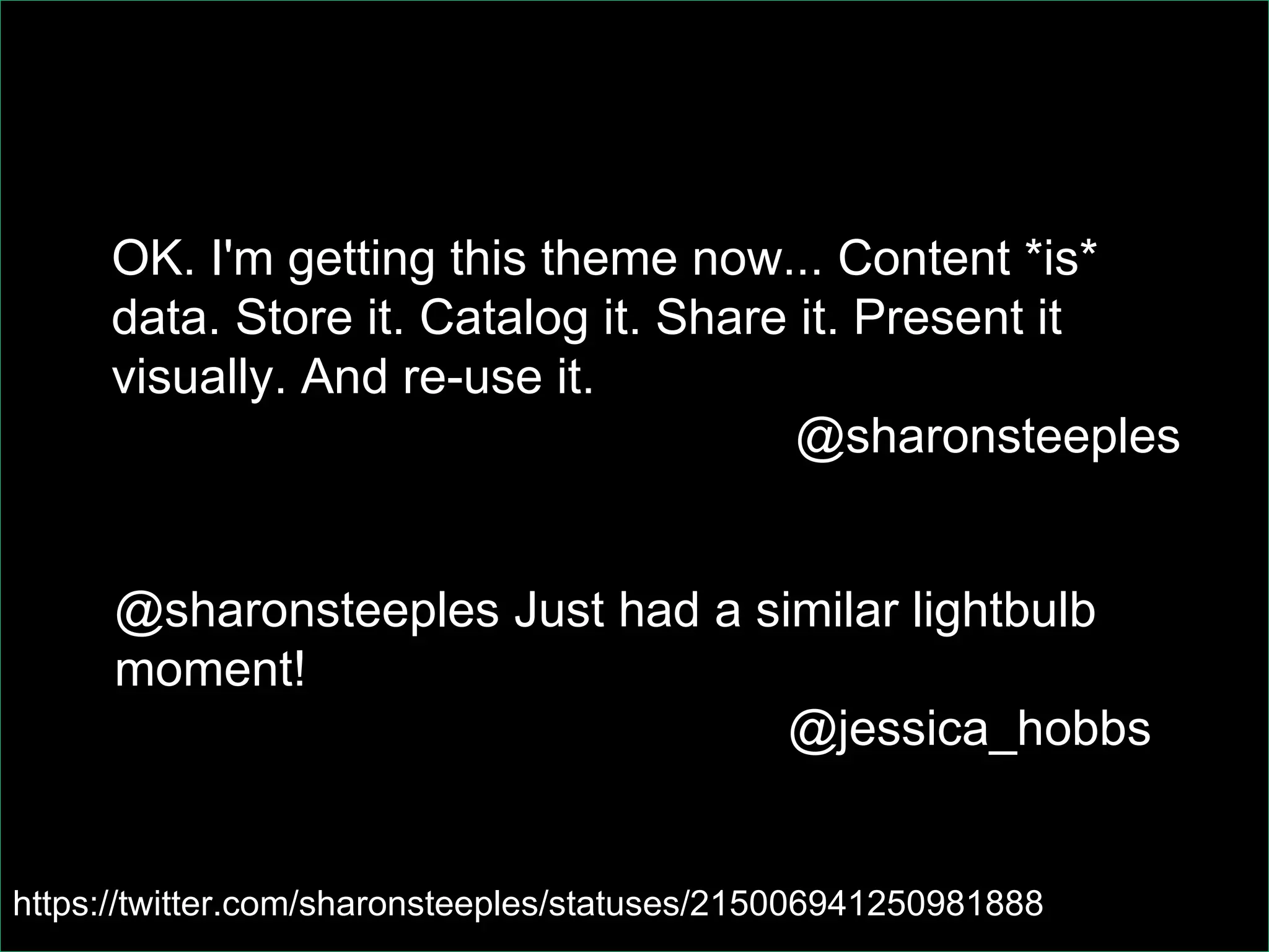 Recap                               But what of the technology
                                              disenfranchised?
   #New: Newcomers
   #P1: Data, Innovation and Institutions
   #P2: Open Data Development in the City of Edinburgh
   #P3: Data Visualisation: A Taster
   #P4: Key Information Sets Data
   #P5: Beyond WCAG: Experiences in Implementing BS
        8878
   #P6: Going Online - Do Universities Really Understand
        the Internet?
   #P7: Do I Need an App for That?                                #A session
   #P8: What Do You Really Want?                                  #B session
   #P9: Serve Two Masters: Creating                               #C session
        Large-Scale Responsive Websites
                                                                  #social
   #P10: The Good, the Bad and the Ugly: …
                                                                  #org
12
   #P11: Measuring
          A centre of expertiseImpact
                                in digital information management www.ukoln.ac.uk
 