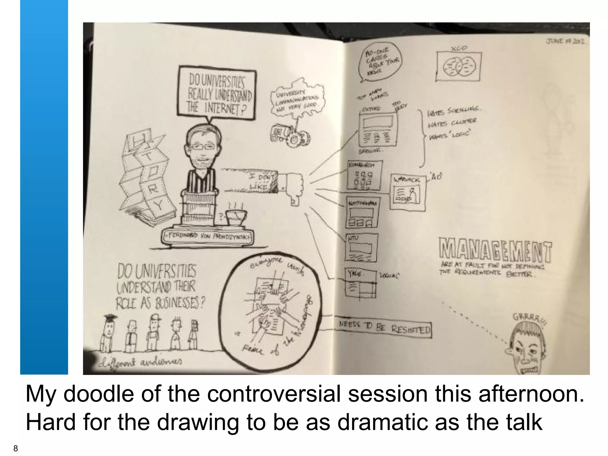 Today's doodle from the talk about data visualisation.
So many interesting visualisations. #iwmw12
pic.twitter.com/gIK3LOpy management
       A centre of expertise in digital information www.ukoln.ac.uk
8
 