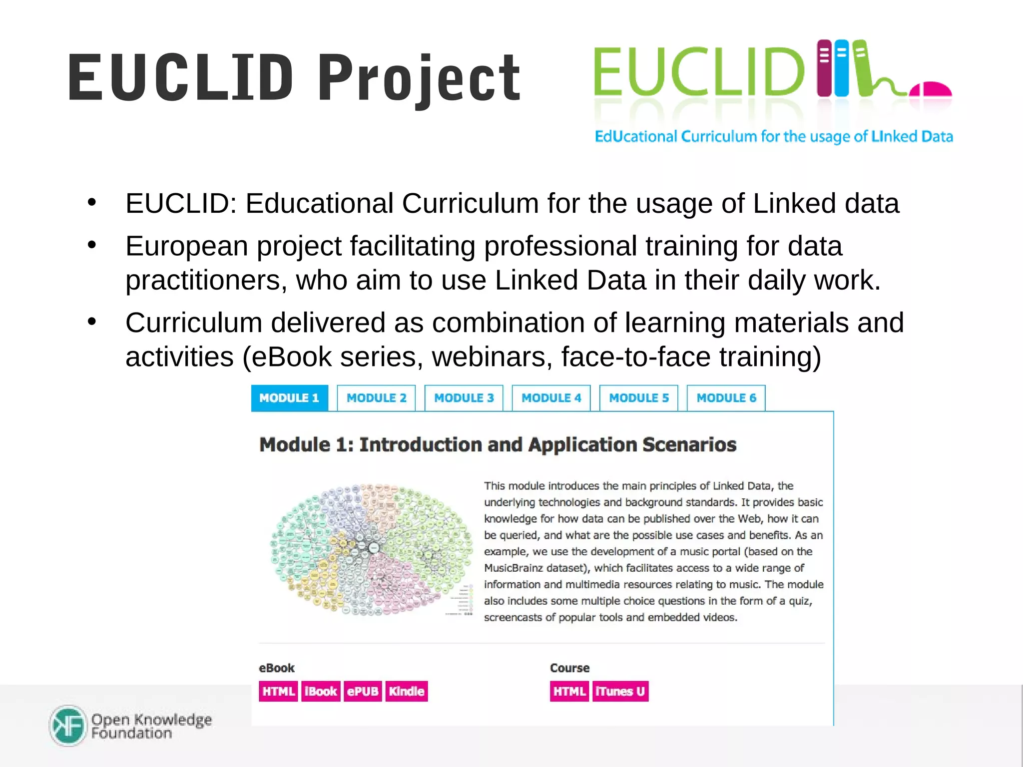 • EUCLID: Educational Curriculum for the usage of Linked data
• European project facilitating professional training for data
practitioners, who aim to use Linked Data in their daily work.
• Curriculum delivered as combination of learning materials and
activities (eBook series, webinars, face‐to‐face training)
Southampton DataEUCLID Project
 