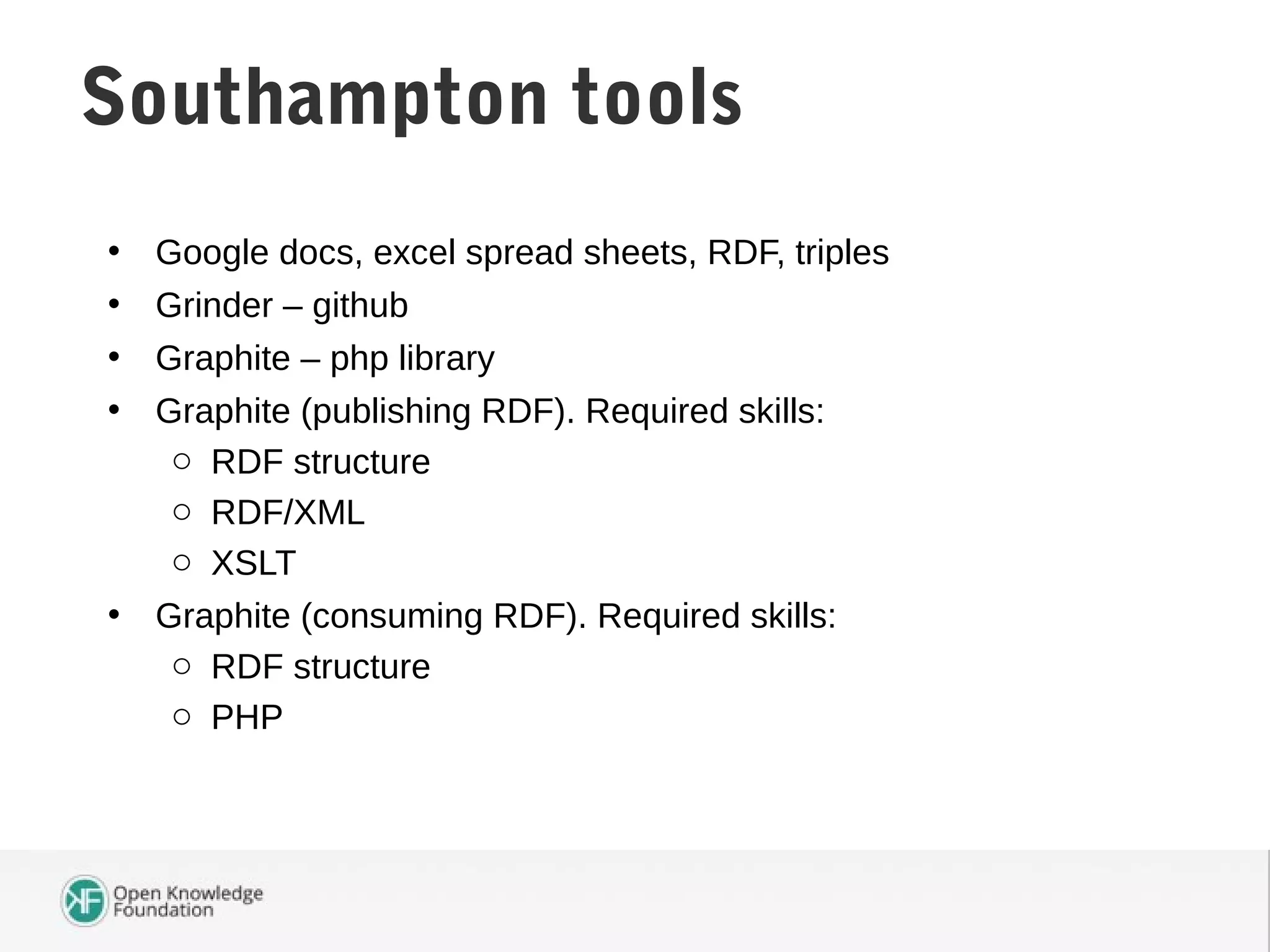 • Google docs, excel spread sheets, RDF, triples
• Grinder – github
• Graphite – php library
• Graphite (publishing RDF). Required skills:
o RDF structure
o RDF/XML
o XSLT
• Graphite (consuming RDF). Required skills:
o RDF structure
o PHP
Southampton Uses…Southampton tools
 