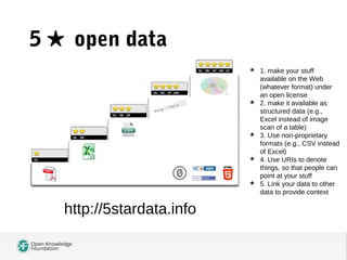 5 ★ open data
http://5stardata.info
 1. make your stuff
available on the Web
(whatever format) under
an open license
 2....