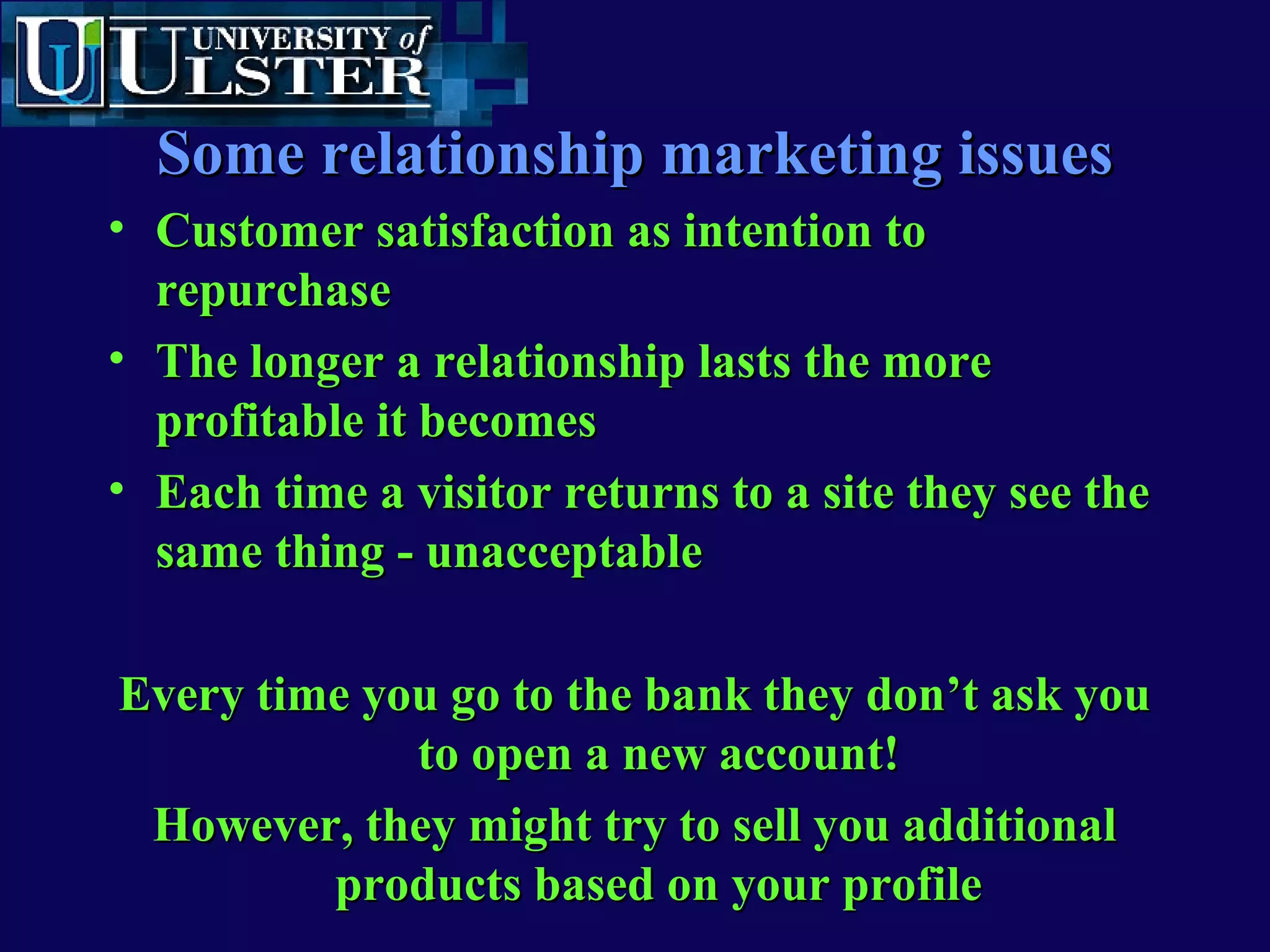 www.ulst.ac.ukwww.ulst.ac.uk
University site segmentation
Site segmentation
A series of portals for different users
Intranet Internet Extranet
i Student Intranet
i Business Site
i Admissions/applications site
 