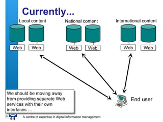 A centre of expertise in digital information management
44
Currently...
End user
Local content National content International content
Web Web Web Web Web Web
We should be moving away
from providing separate Web
services with their own
interfaces …
We should be moving away
from providing separate Web
services with their own
interfaces …
 