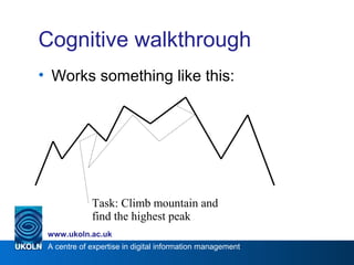 A centre of expertise in digital information management
www.ukoln.ac.uk
Cognitive walkthrough
• Works something like this:
Task: Climb mountain and
find the highest peak
 