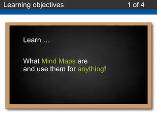 Learning objectives 1 of 4 Learn … What  Mind Maps  are and use them for  anything ! 